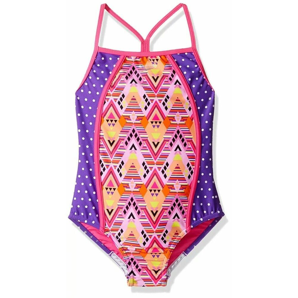Speedo Girls Sport Splice One Piece Swimsuit sz 7 Pink Purple Mixed Prints